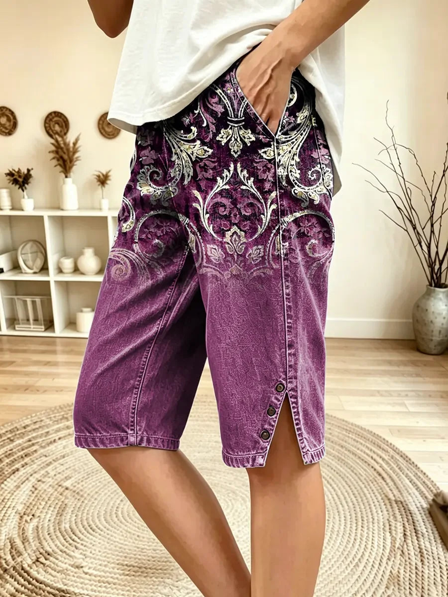 Vintage Floral Print Casual Denim Shorts